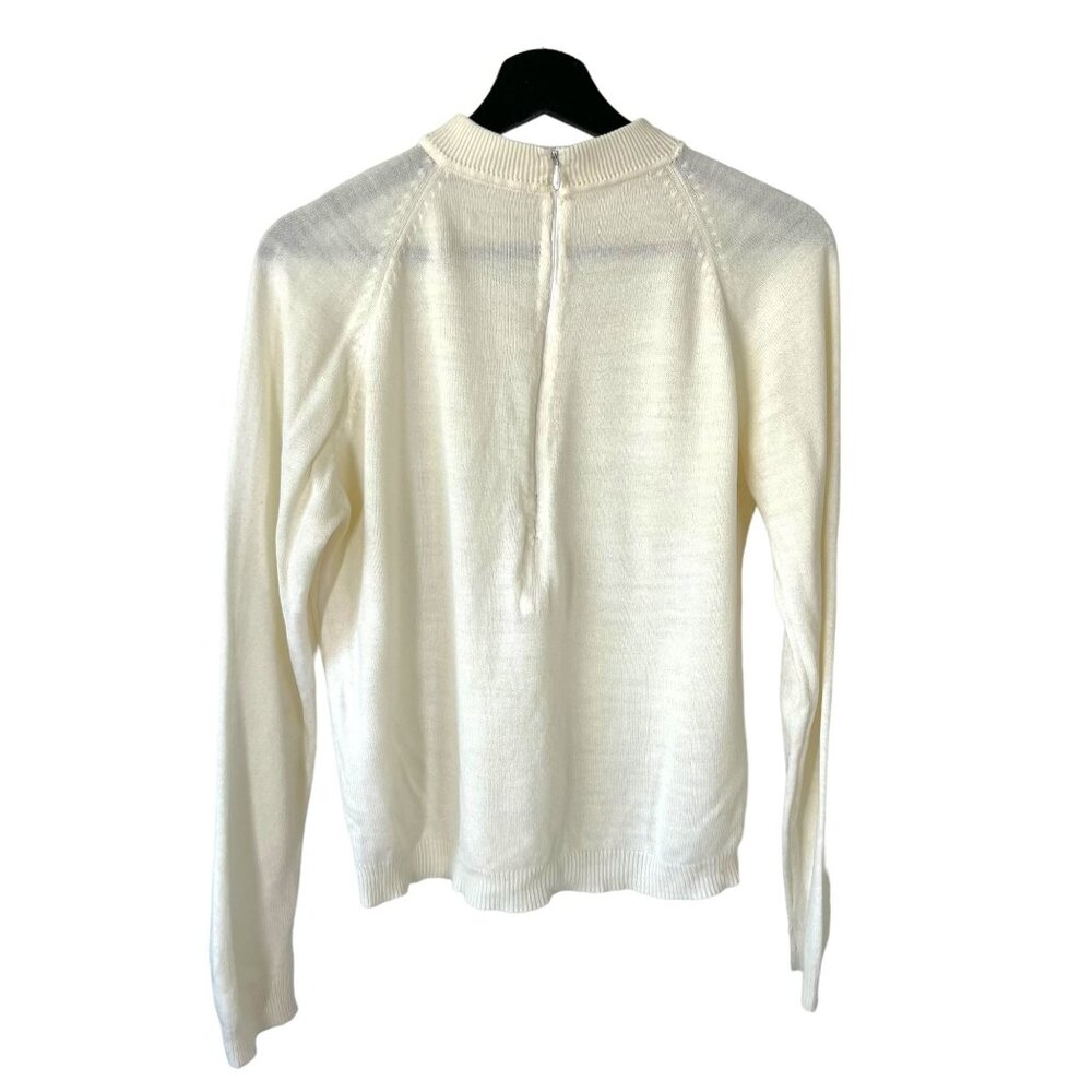 Vintage 60s Cream Knit High Neck Long Sleeve Top Medium - Picture 2 of 7